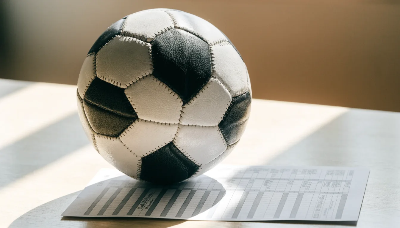 Uma bola de futebol pousada sobre um talão de apostas em branco numa mesa de madeira, à luz do dia