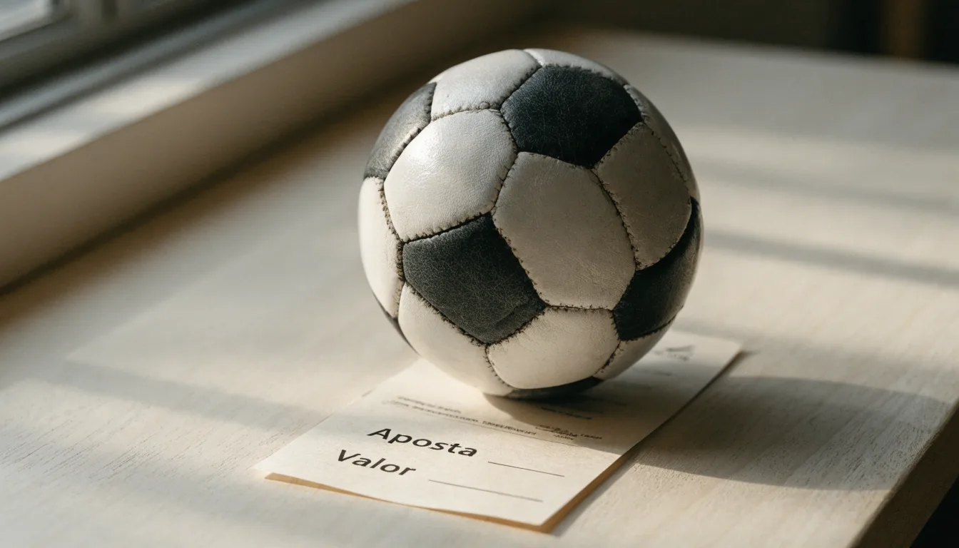 Uma bola de futebol pousada sobre um talão de apostas em branco numa mesa de madeira, à luz do dia