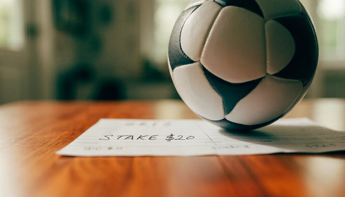 Uma bola de futebol pousada sobre um talão de apostas em branco numa mesa de madeira, à luz do dia