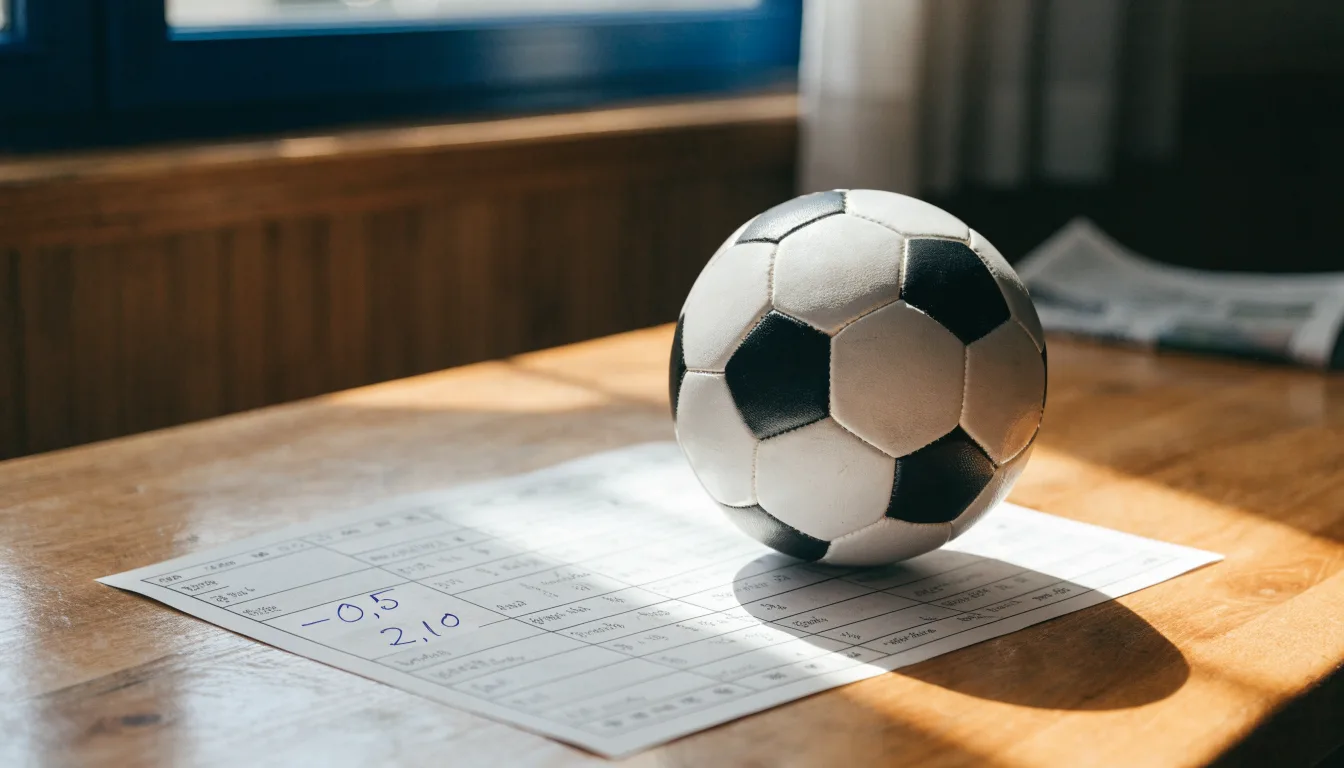 Uma bola de futebol pousada sobre um talão de apostas em branco numa mesa de madeira, à luz do dia