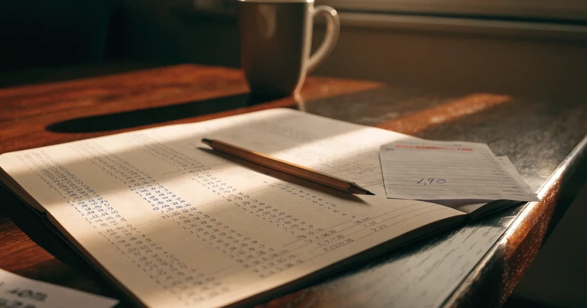 Um caderno aberto com cotas escritas à mão, uma calculadora e um lápis sobre uma mesa de madeira
