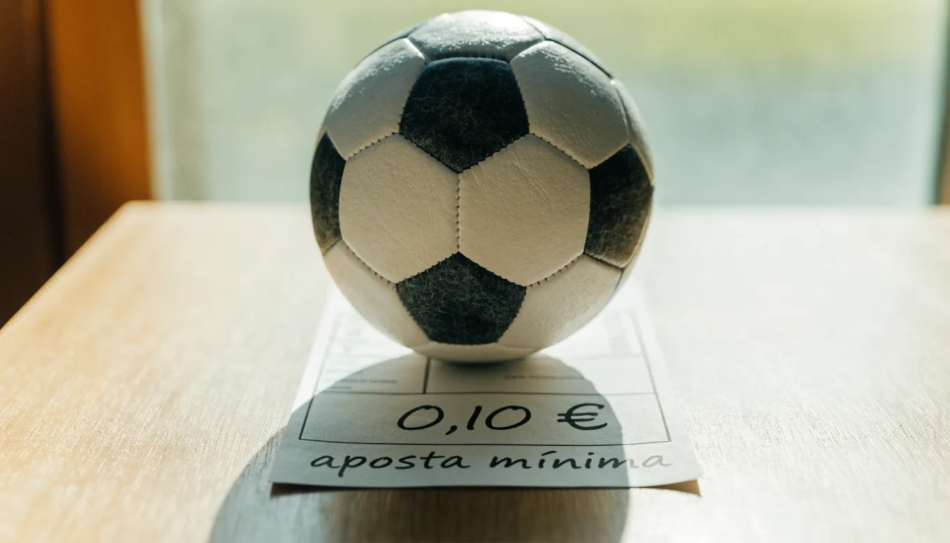 Uma bola de futebol pousada sobre um talão de apostas em branco numa mesa de madeira, à luz do dia