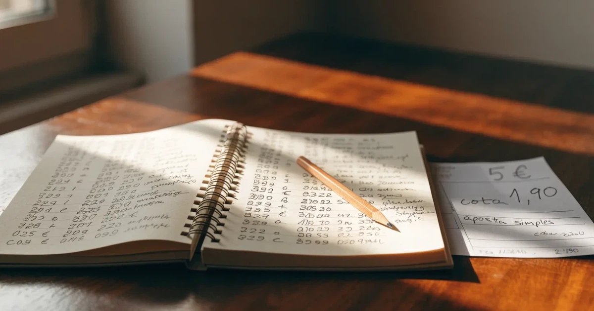 Um caderno aberto com cotas escritas à mão, uma calculadora e um lápis sobre uma mesa de madeira