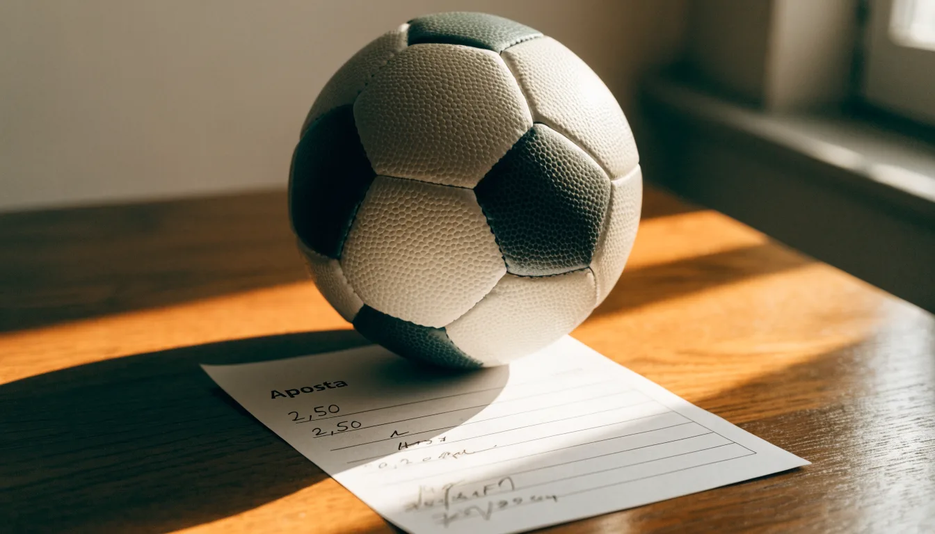 Uma bola de futebol pousada sobre um talão de apostas em branco numa mesa de madeira, à luz do dia
