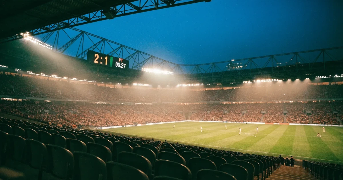 Um marcador eletrónico de um estádio com o resultado a meio da segunda parte, visto das bancadas