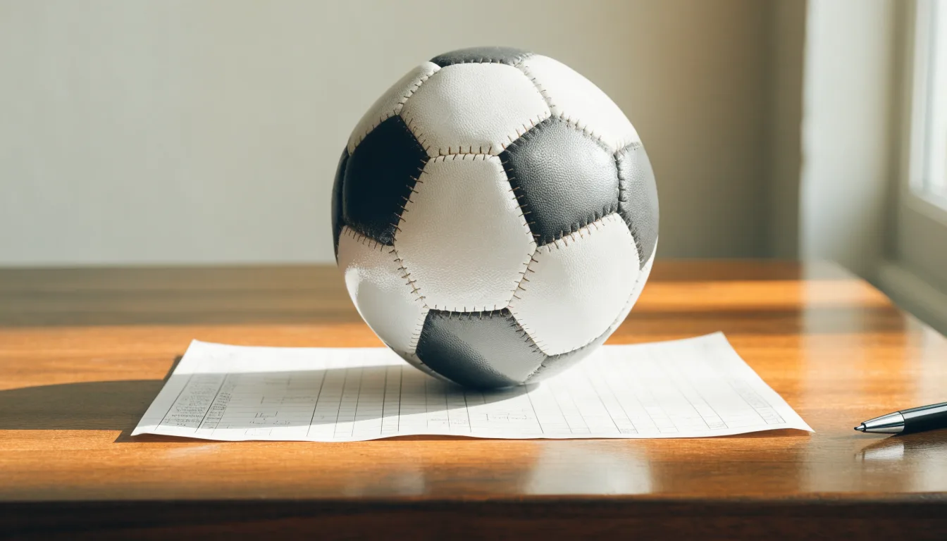 Uma bola de futebol pousada sobre um talão de apostas em branco numa mesa de madeira, à luz do dia