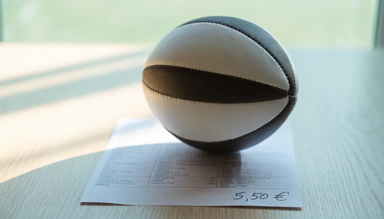 Uma bola de futebol pousada sobre um talão de apostas em branco numa mesa de madeira, à luz do dia