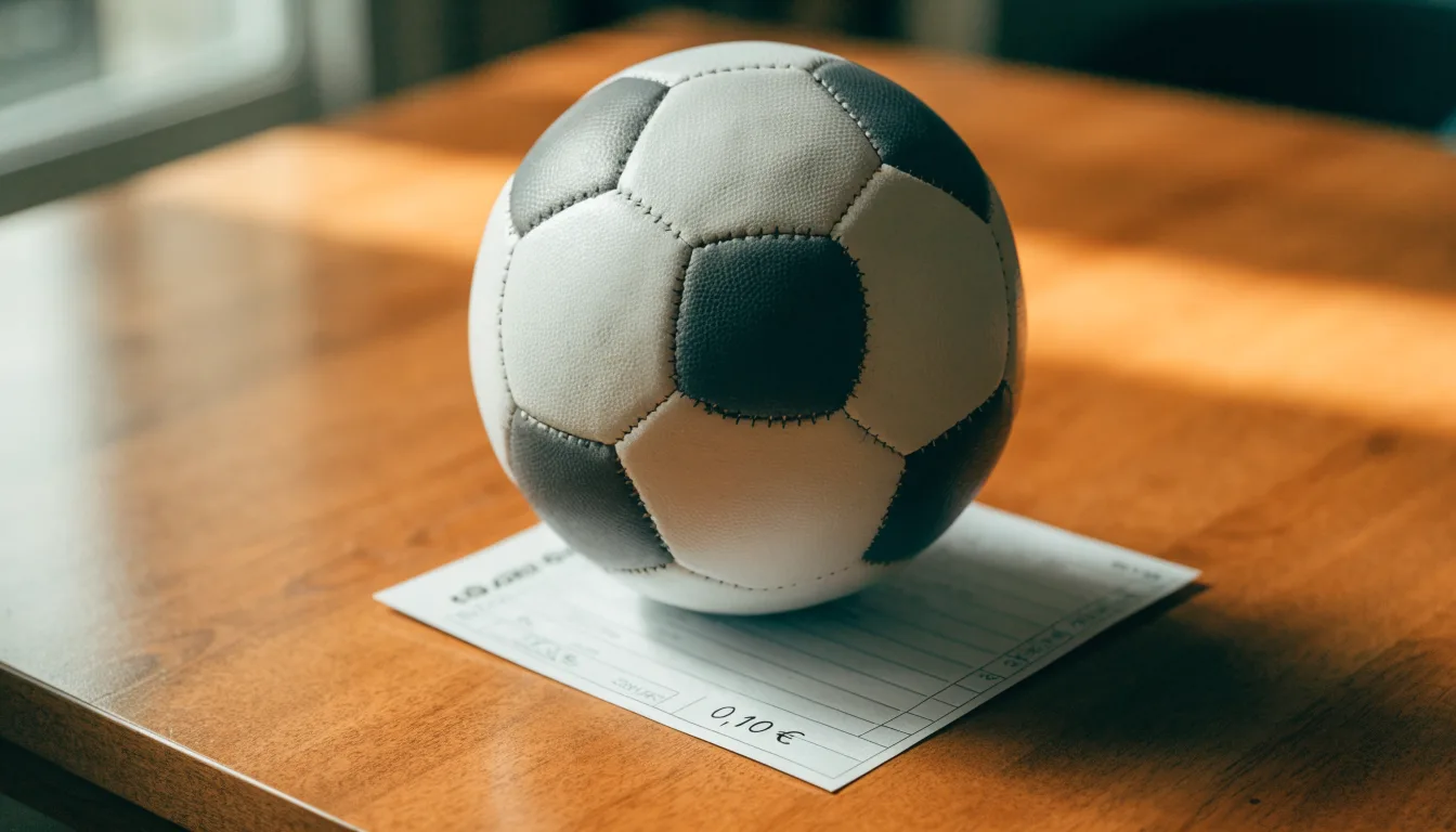 Uma bola de futebol pousada sobre um talão de apostas em branco numa mesa de madeira, à luz do dia