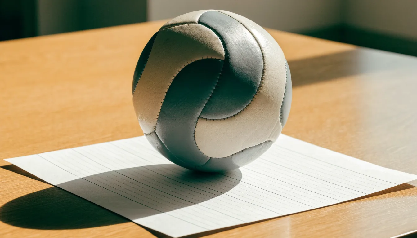 Uma bola de futebol pousada sobre um talão de apostas em branco numa mesa de madeira, à luz do dia