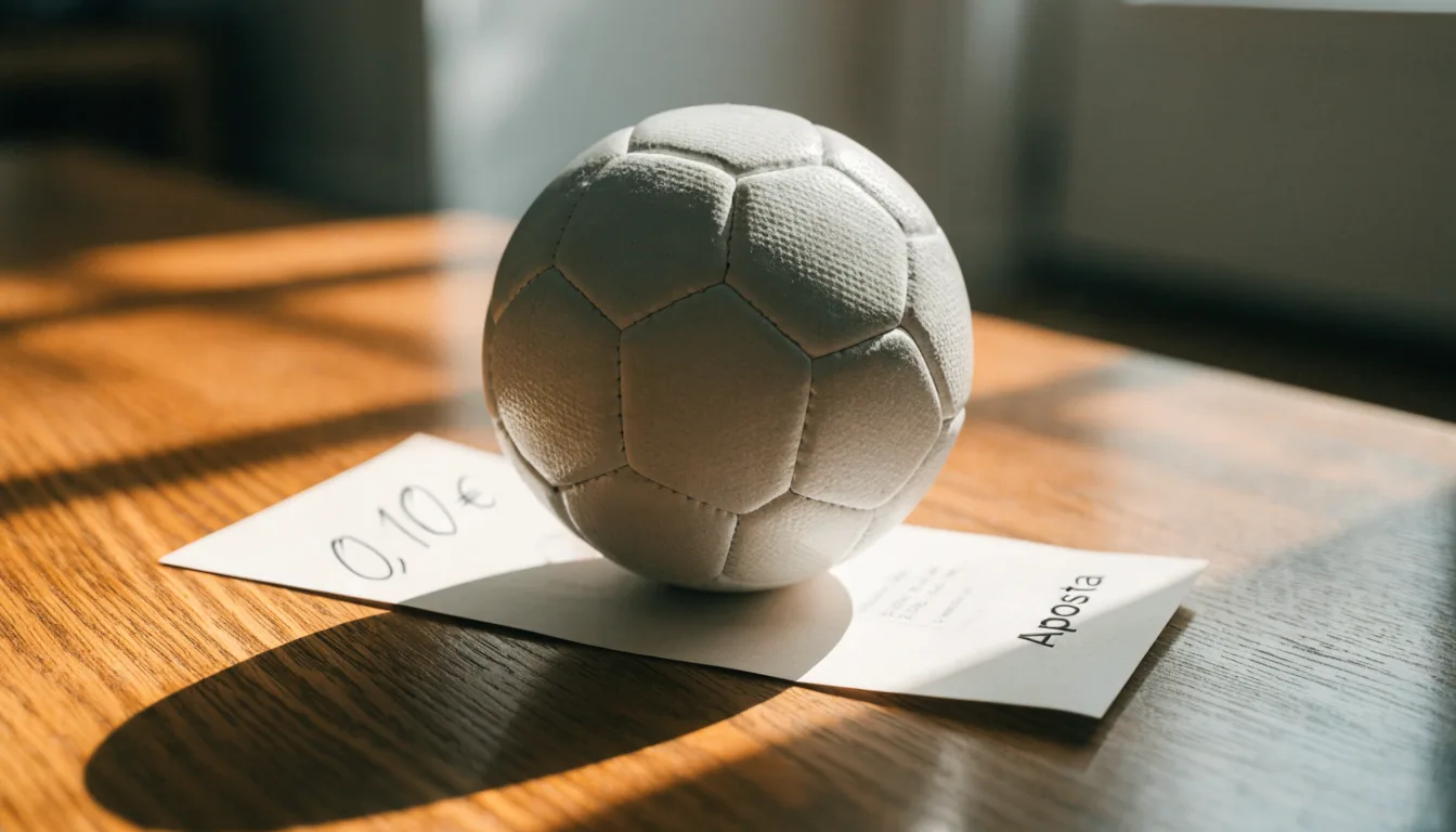 Uma bola de futebol pousada sobre um talão de apostas em branco numa mesa de madeira, à luz do dia