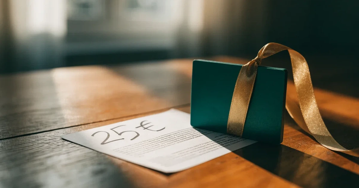 Um cartão de oferta com uma fita dourada ao lado de um talão de apostas numa bancada de madeira