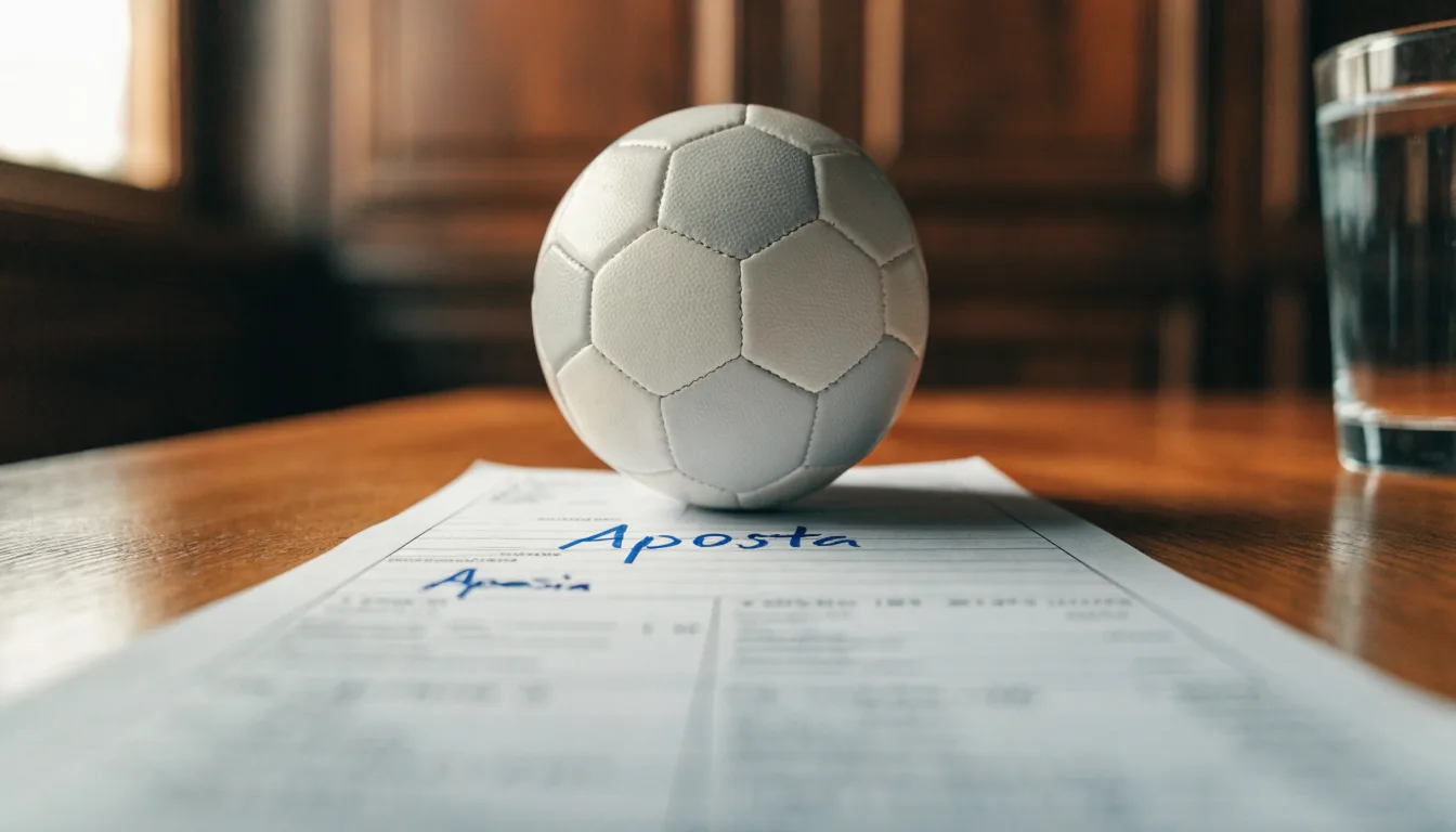 Uma bola de futebol pousada sobre um talão de apostas em branco numa mesa de madeira, à luz do dia