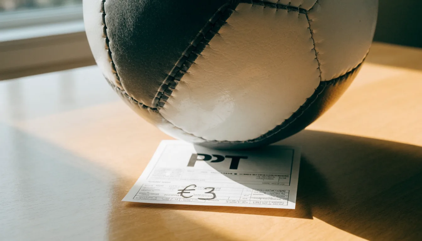 Uma bola de futebol pousada sobre um talão de apostas em branco numa mesa de madeira, à luz do dia