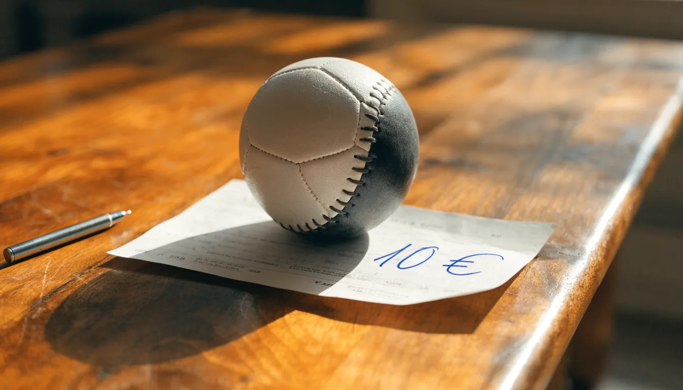 Uma bola de futebol pousada sobre um talão de apostas em branco numa mesa de madeira, à luz do dia