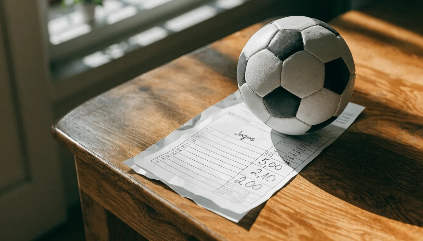 Uma bola de futebol pousada sobre um talão de apostas em branco numa mesa de madeira, à luz do dia