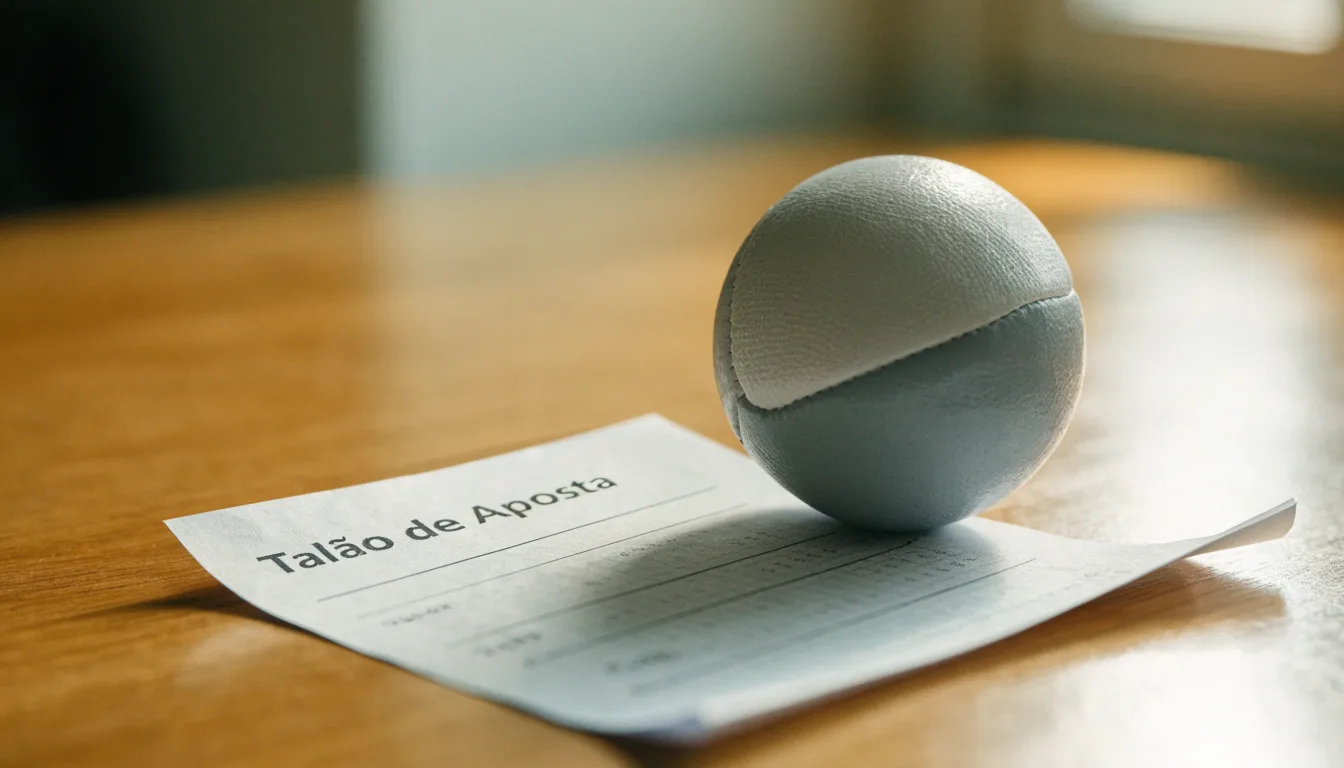Uma bola de futebol pousada sobre um talão de apostas em branco numa mesa de madeira, à luz do dia