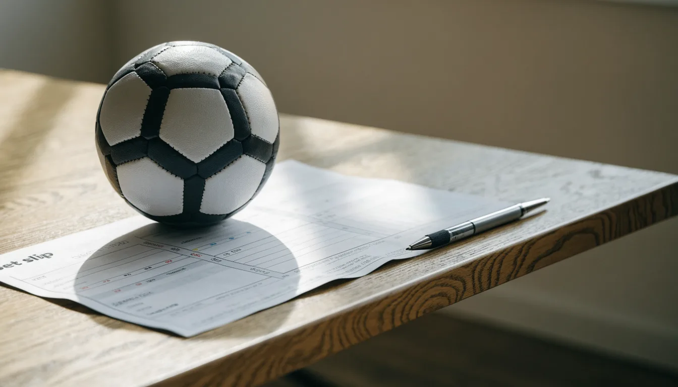 Uma bola de futebol pousada sobre um talão de apostas em branco numa mesa de madeira, à luz do dia