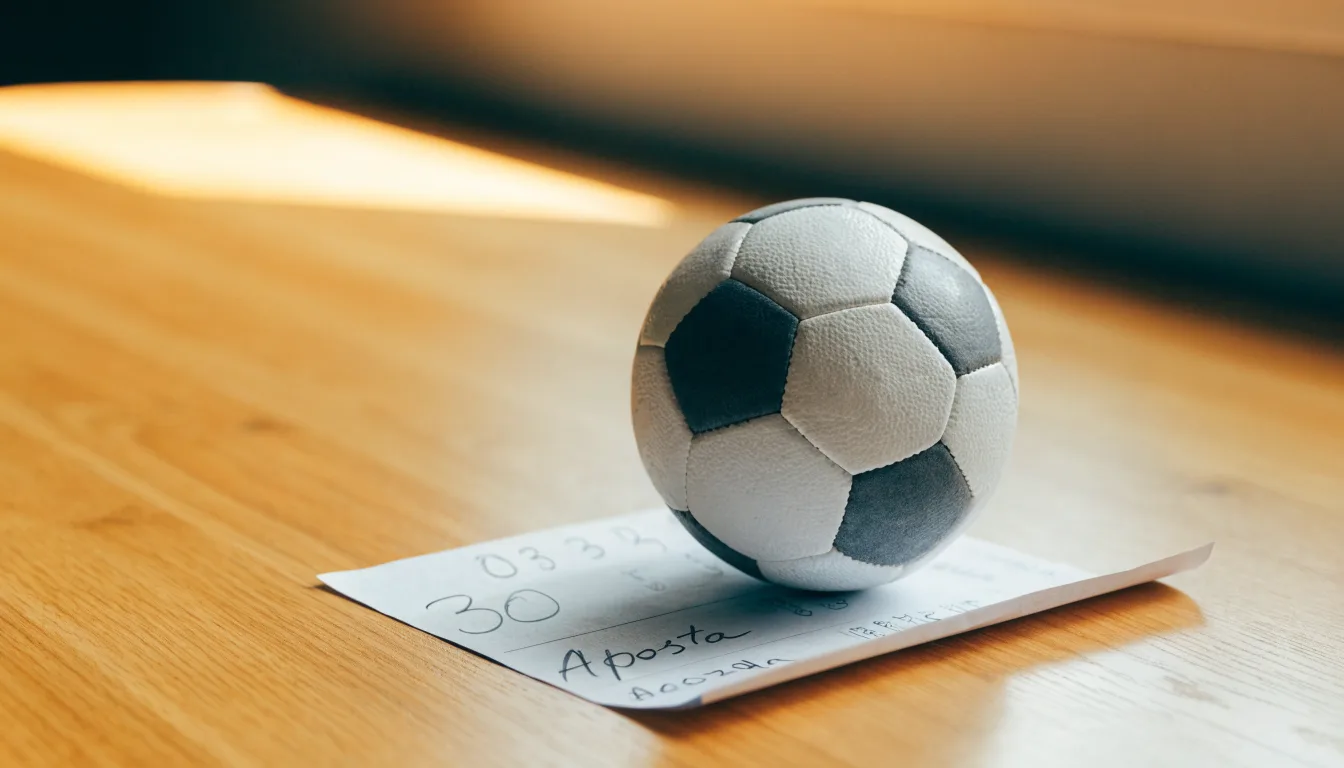 Uma bola de futebol pousada sobre um talão de apostas em branco numa mesa de madeira, à luz do dia