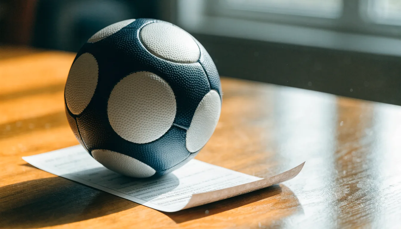 Uma bola de futebol pousada sobre um talão de apostas em branco numa mesa de madeira, à luz do dia
