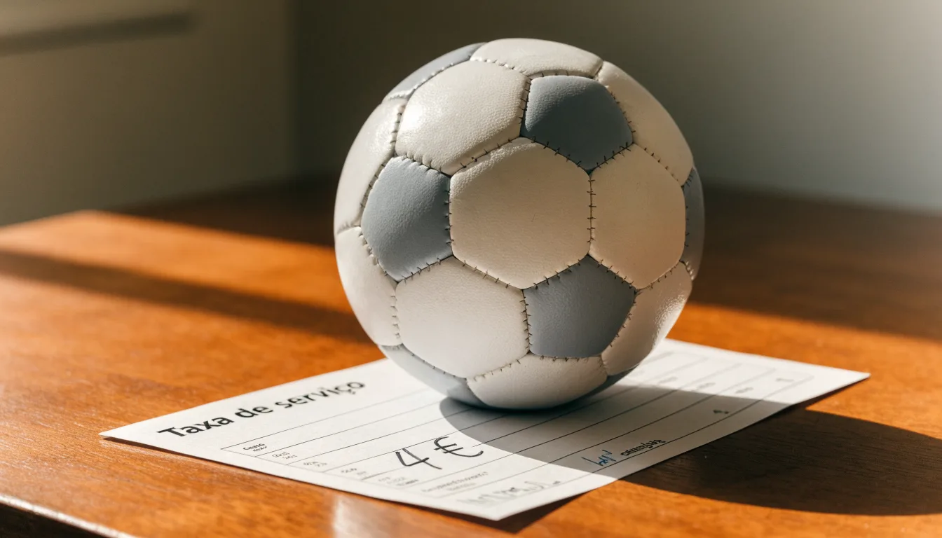 Uma bola de futebol pousada sobre um talão de apostas em branco numa mesa de madeira, à luz do dia