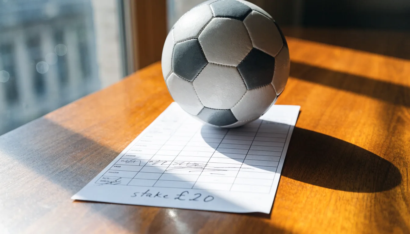 Uma bola de futebol pousada sobre um talão de apostas em branco numa mesa de madeira, à luz do dia