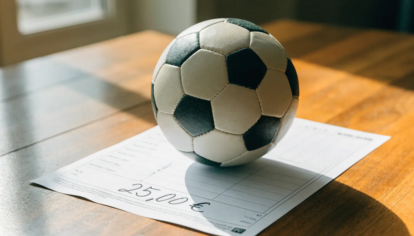 Uma bola de futebol pousada sobre um talão de apostas em branco numa mesa de madeira, à luz do dia
