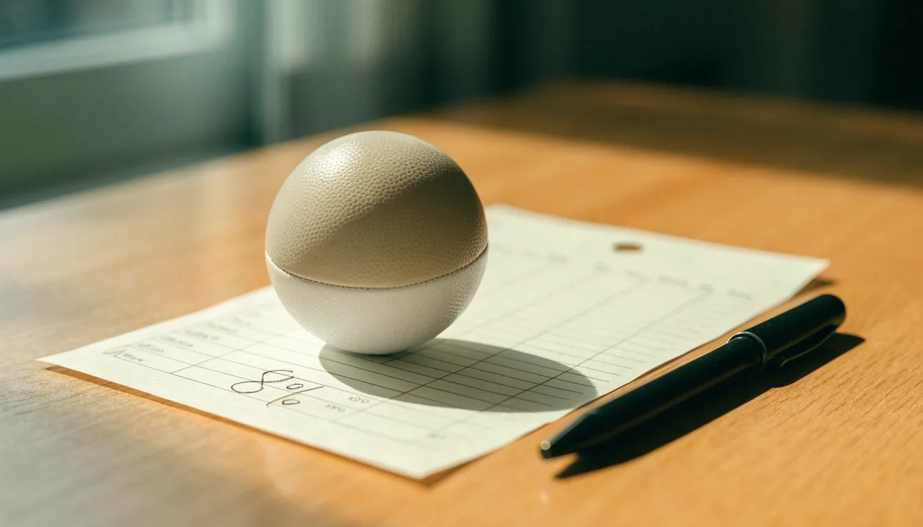 Uma bola de futebol pousada sobre um talão de apostas em branco numa mesa de madeira, à luz do dia