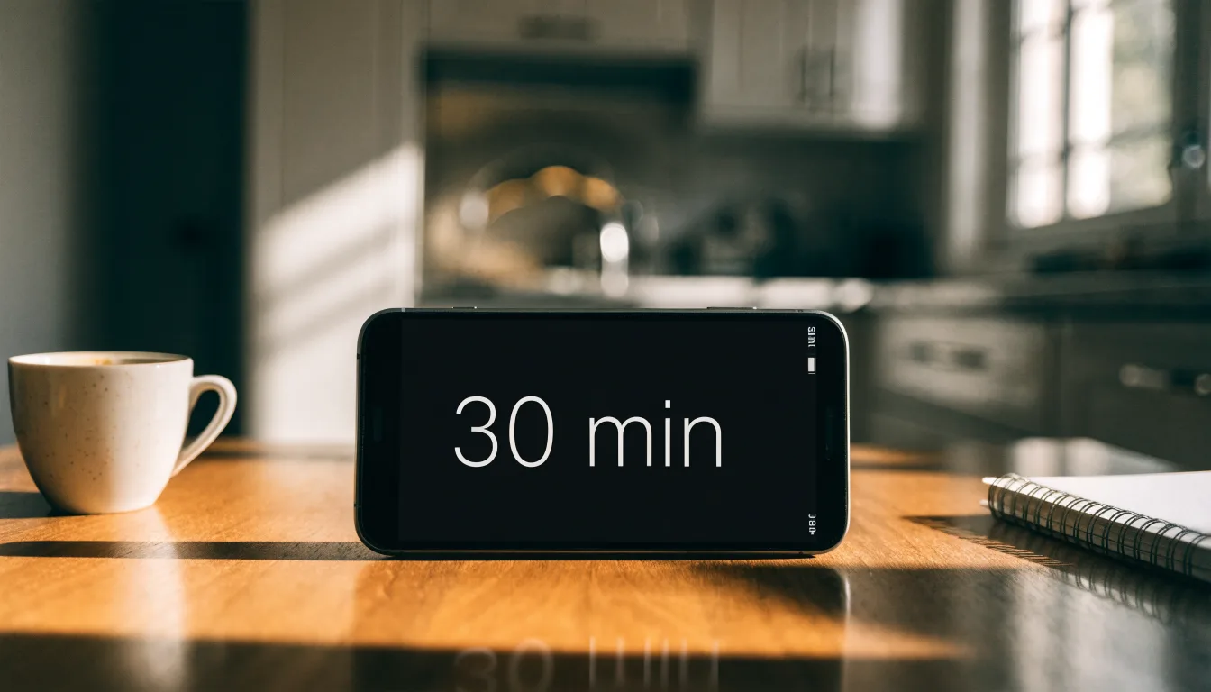 Um cartão de cidadão pousado ao lado de um telemóvel com um temporizador no ecrã, numa mesa de cozinha