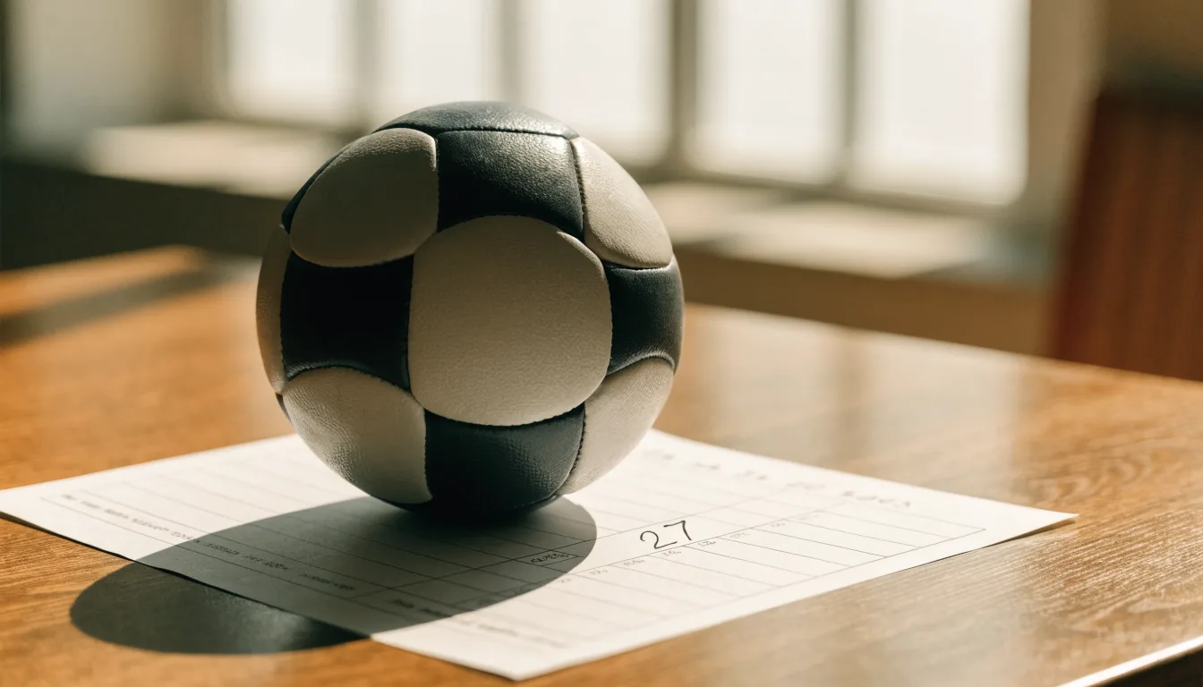 Uma bola de futebol pousada sobre um talão de apostas em branco numa mesa de madeira, à luz do dia