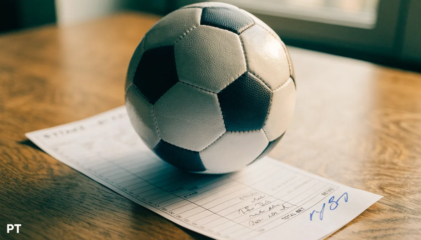Uma bola de futebol pousada sobre um talão de apostas em branco numa mesa de madeira, à luz do dia