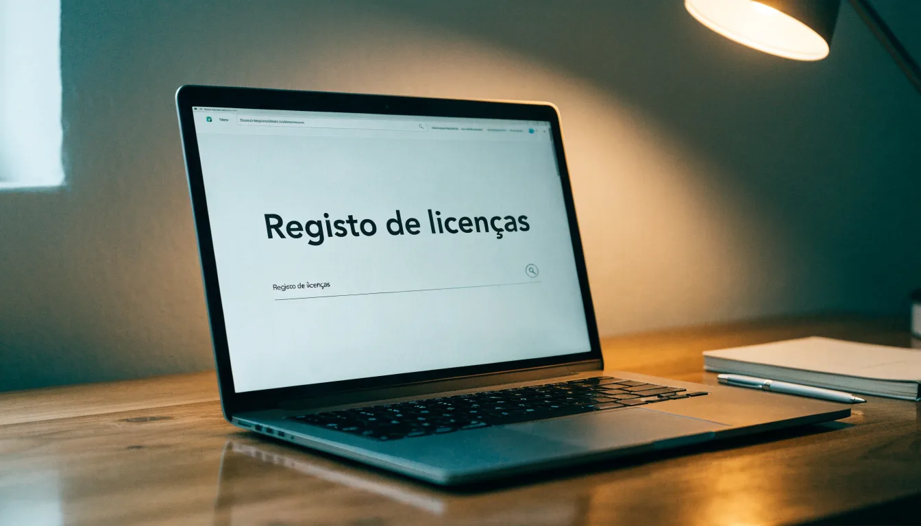 Uma folha de licença em papel com um selo vermelho, pousada numa secretária de madeira ao lado de uma caneta