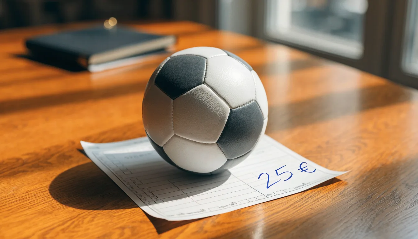 Uma bola de futebol pousada sobre um talão de apostas em branco numa mesa de madeira, à luz do dia