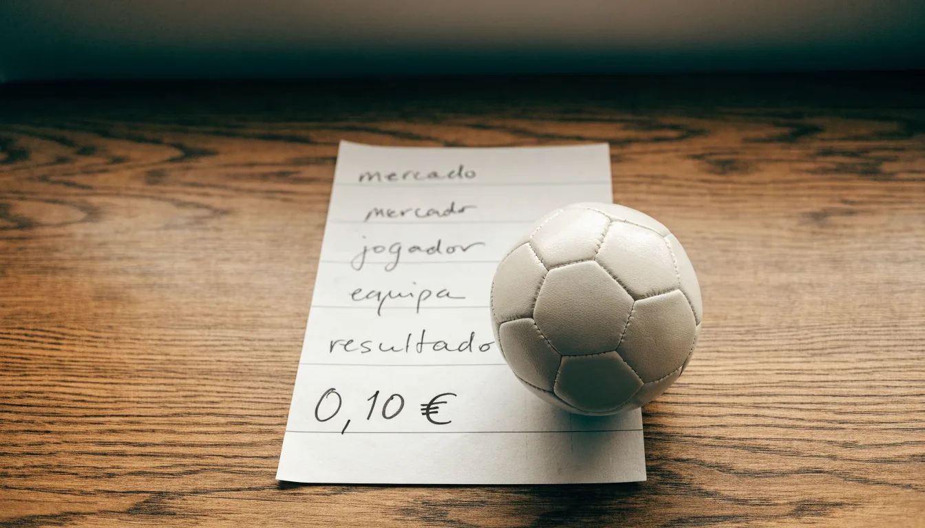 Uma bola de futebol pousada sobre um talão de apostas em branco numa mesa de madeira, à luz do dia