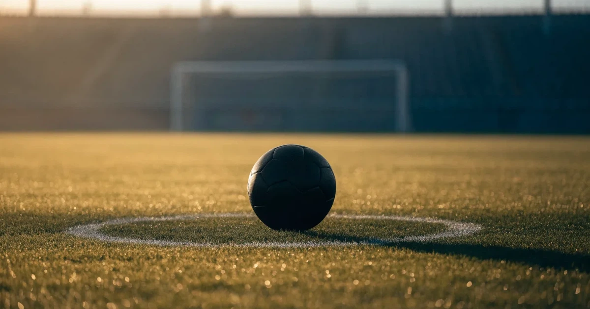 Uma bola de futebol no ponto central de um relvado, à luz da manhã