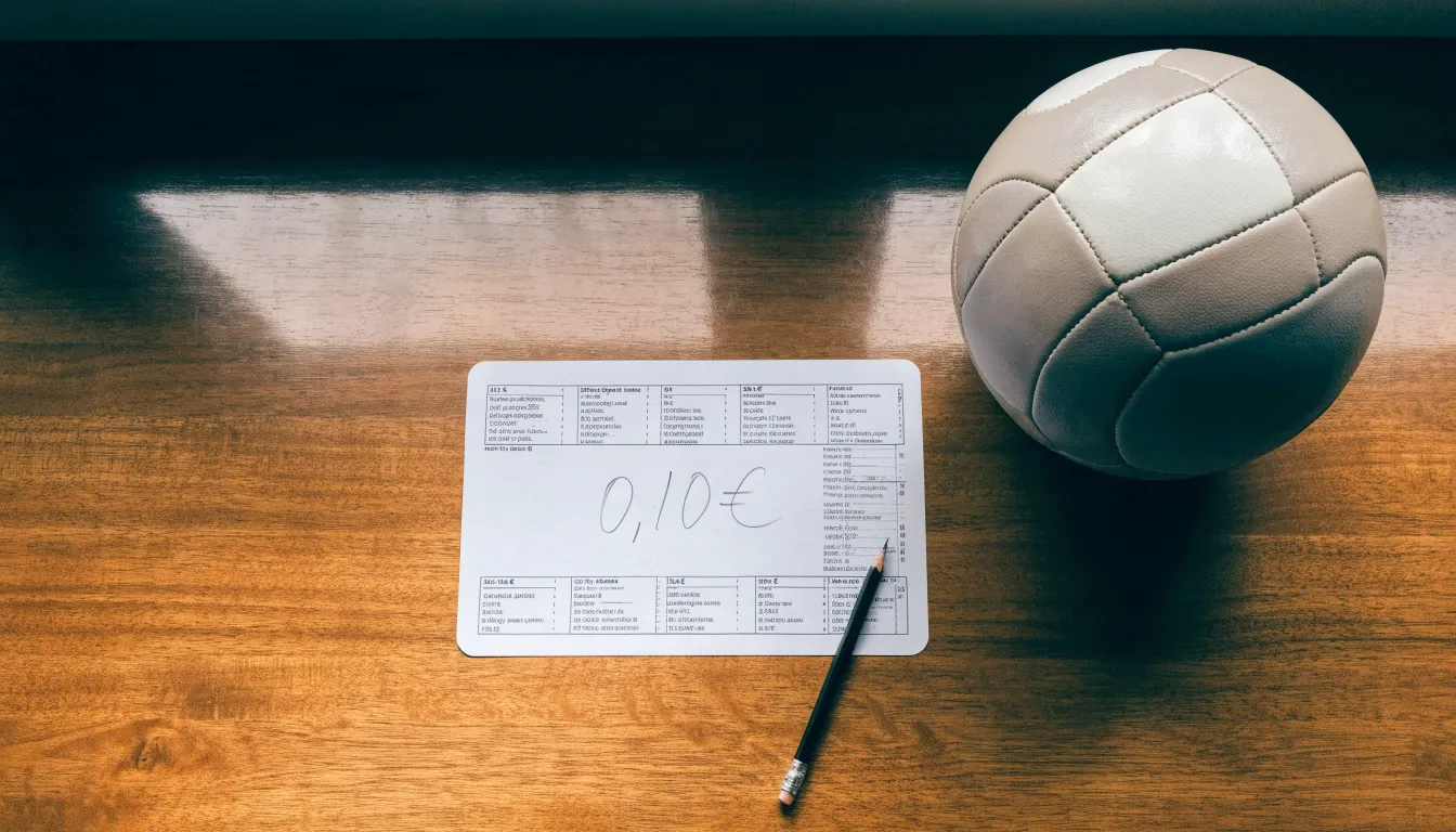 Uma bola de futebol pousada sobre um talão de apostas em branco numa mesa de madeira, à luz do dia