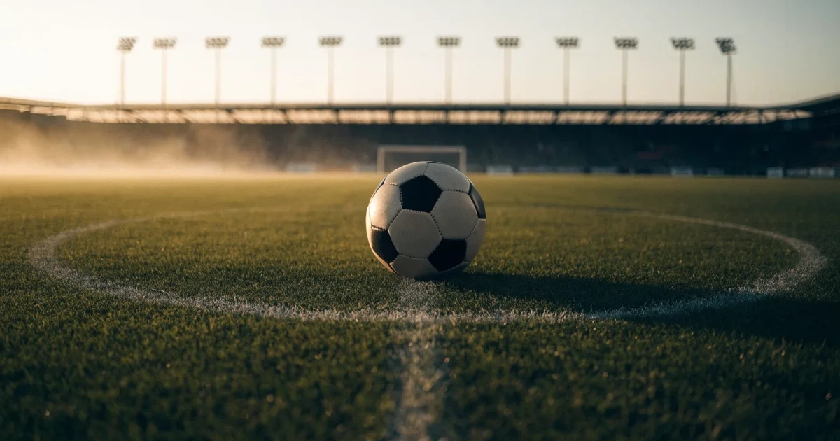 Uma bola de futebol no ponto central de um relvado, à luz da manhã