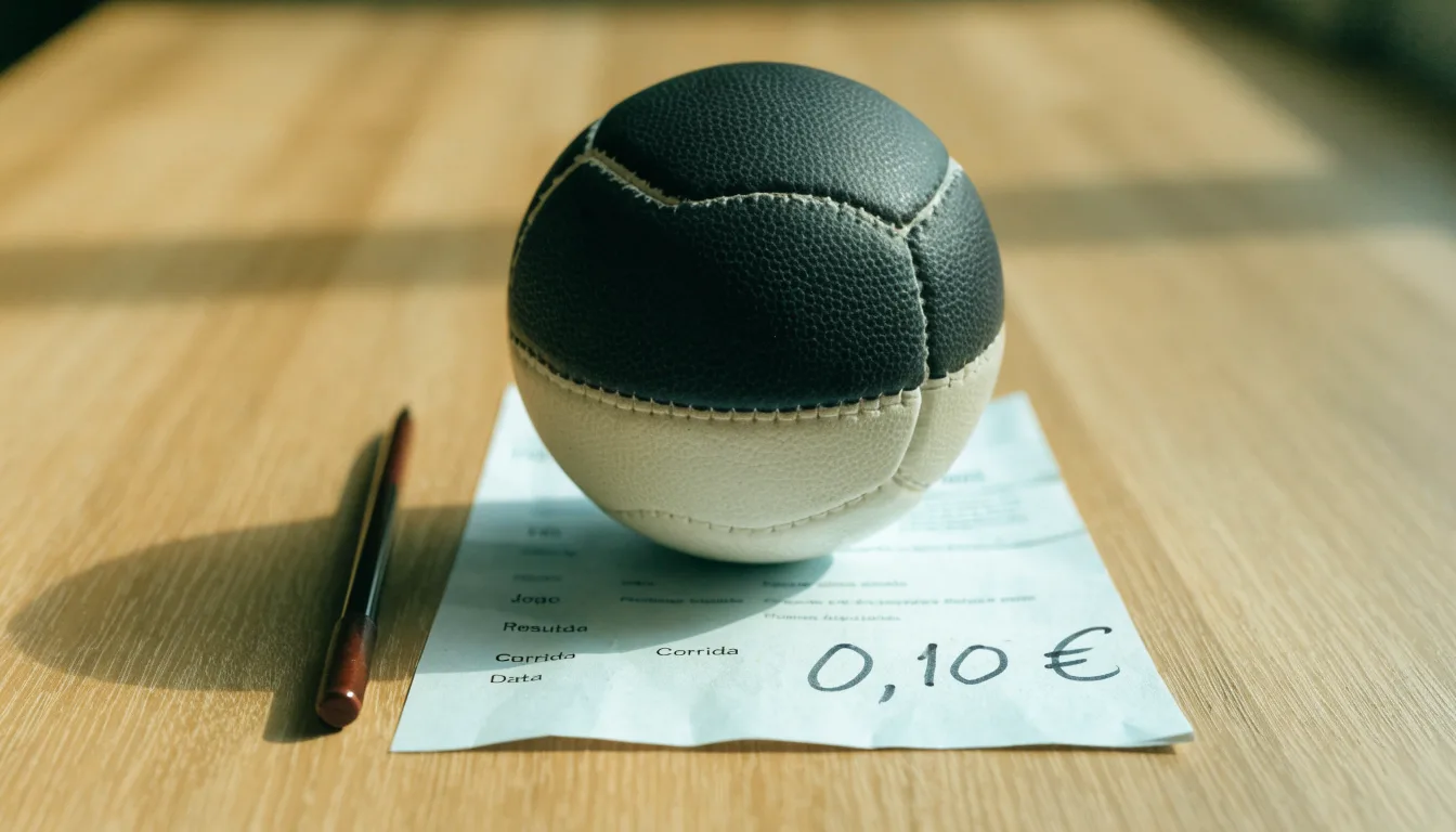 Uma bola de futebol pousada sobre um talão de apostas em branco numa mesa de madeira, à luz do dia