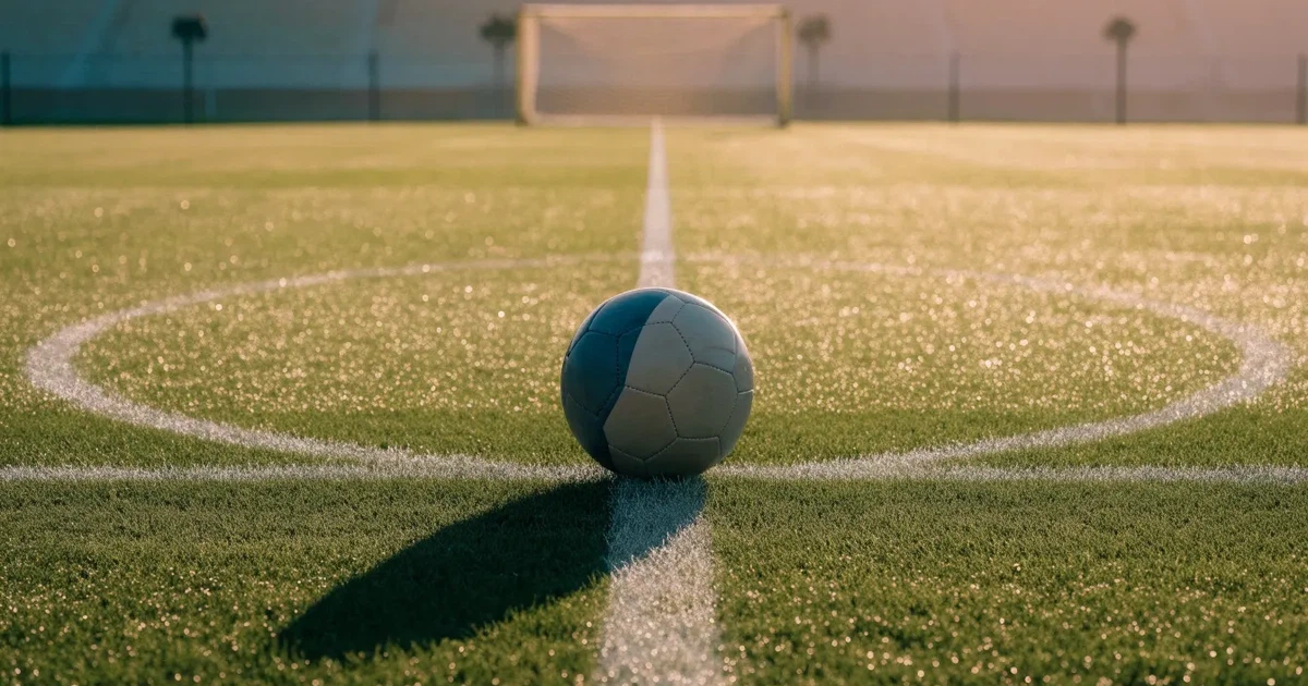 Uma bola de futebol no ponto central de um relvado, à luz da manhã