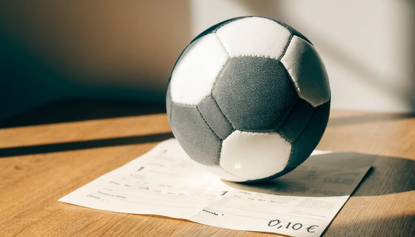 Uma bola de futebol pousada sobre um talão de apostas em branco numa mesa de madeira, à luz do dia