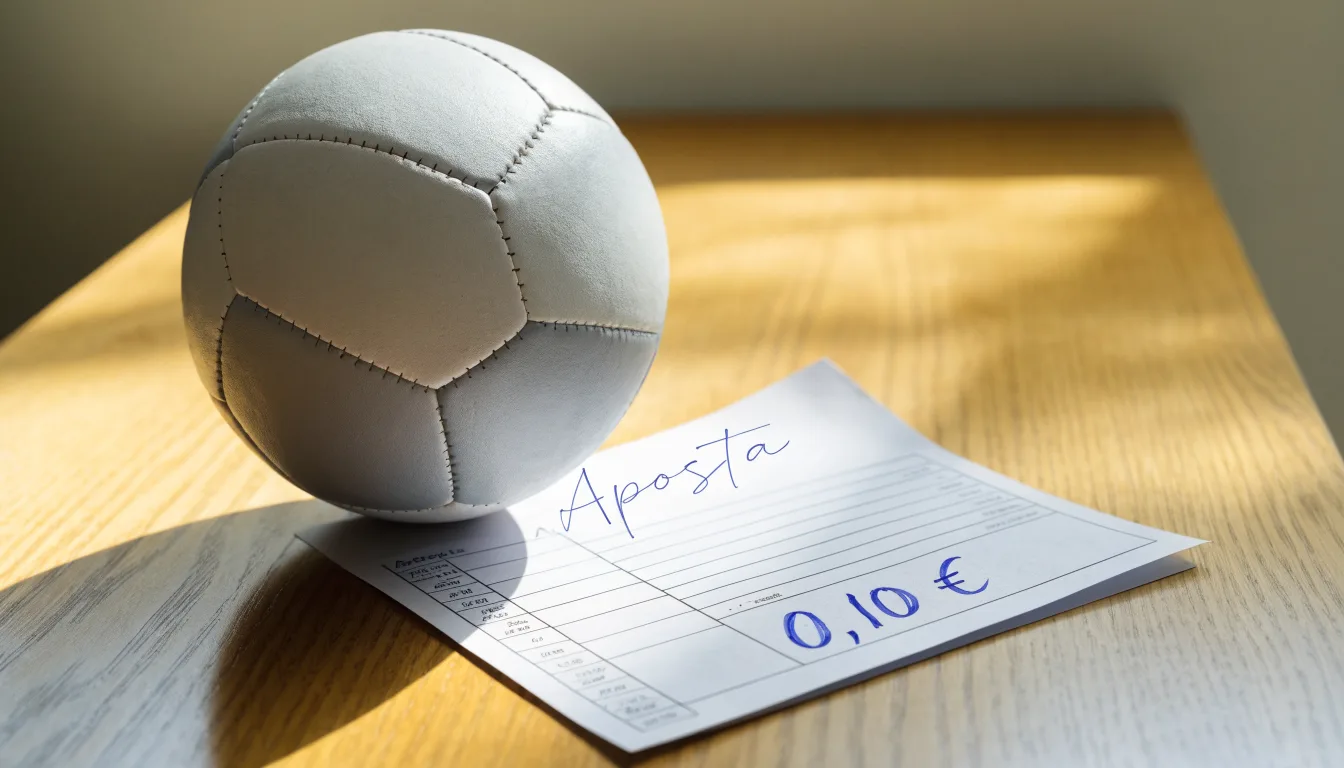 Uma bola de futebol pousada sobre um talão de apostas em branco numa mesa de madeira, à luz do dia