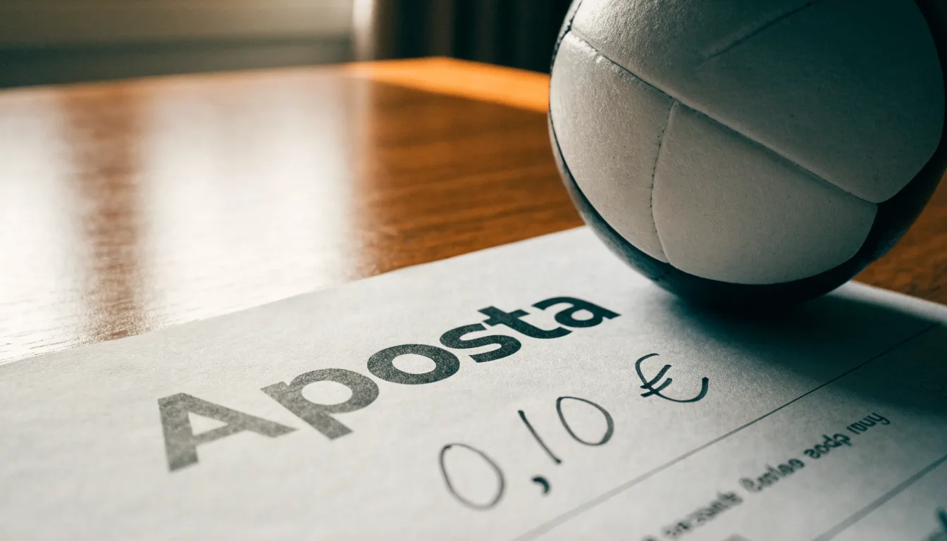 Uma bola de futebol pousada sobre um talão de apostas em branco numa mesa de madeira, à luz do dia