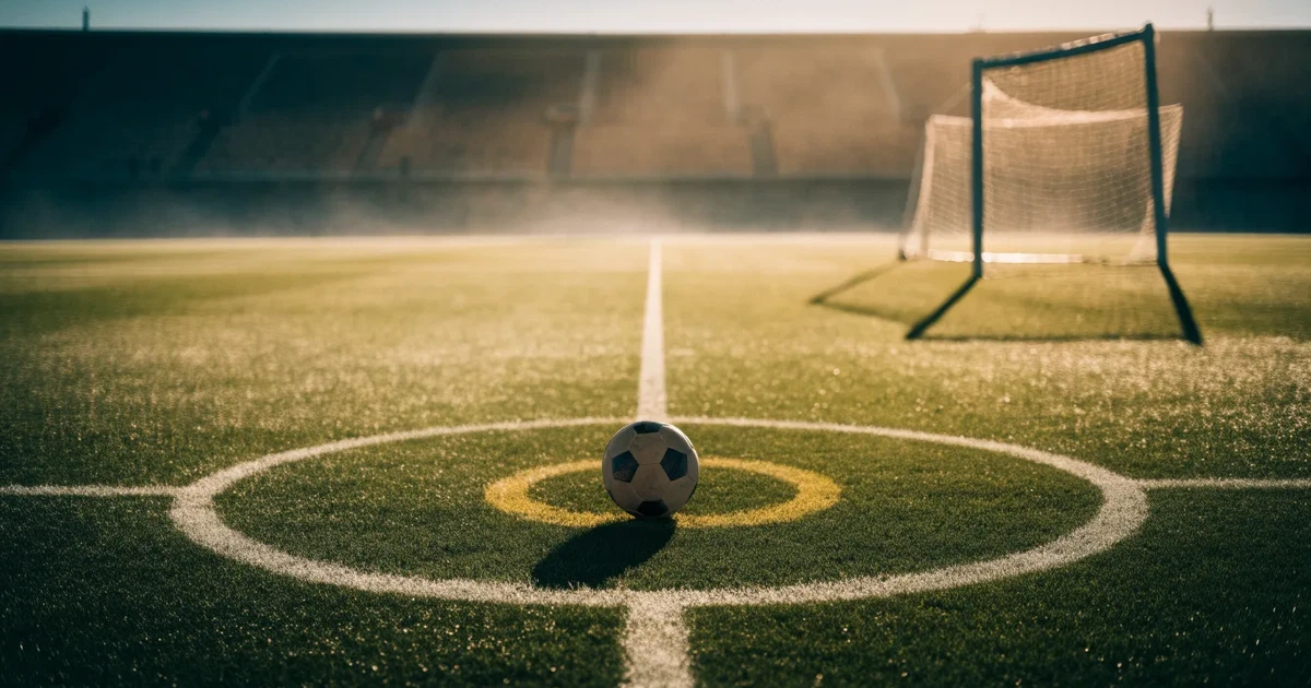 Uma bola de futebol no ponto central de um relvado, à luz da manhã