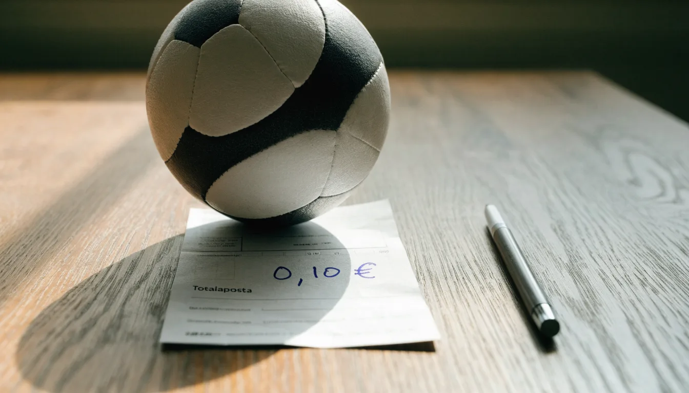 Uma bola de futebol pousada sobre um talão de apostas em branco numa mesa de madeira, à luz do dia