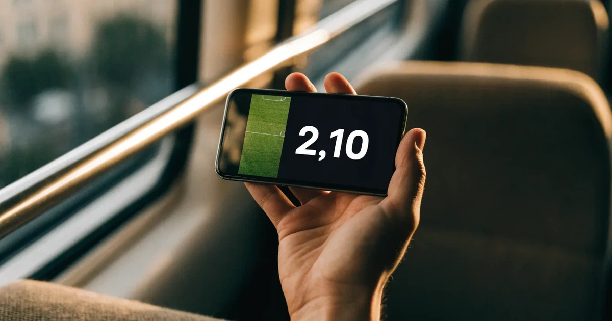 Uma mão a segurar um telemóvel com uma aposta no ecrã, num comboio ao fim da tarde