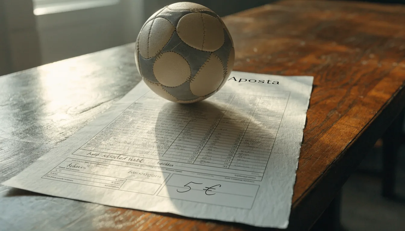 Uma bola de futebol pousada sobre um talão de apostas em branco numa mesa de madeira, à luz do dia