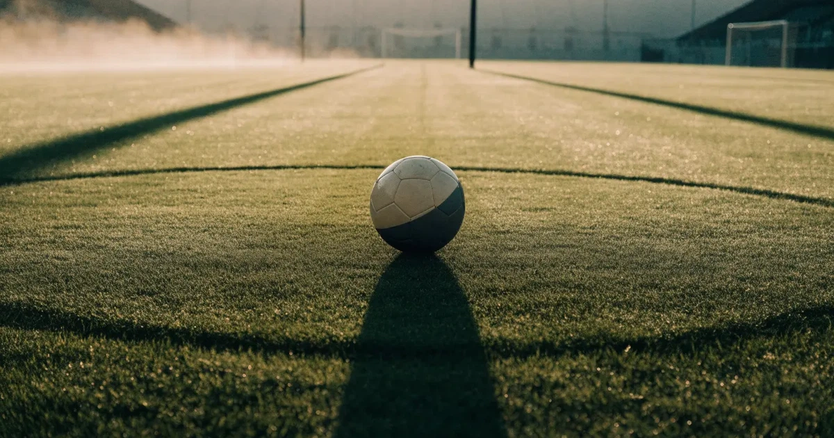 Uma bola de futebol no ponto central de um relvado, à luz da manhã