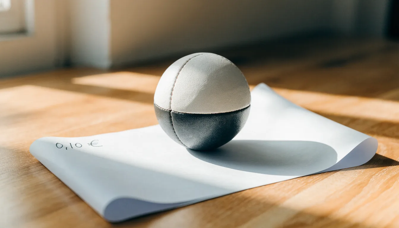 Uma bola de futebol pousada sobre um talão de apostas em branco numa mesa de madeira, à luz do dia
