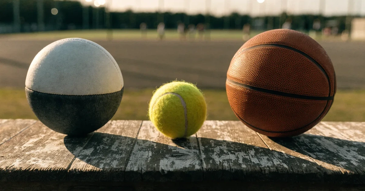 Três bolas de desportos diferentes alinhadas lado a lado num banco de madeira