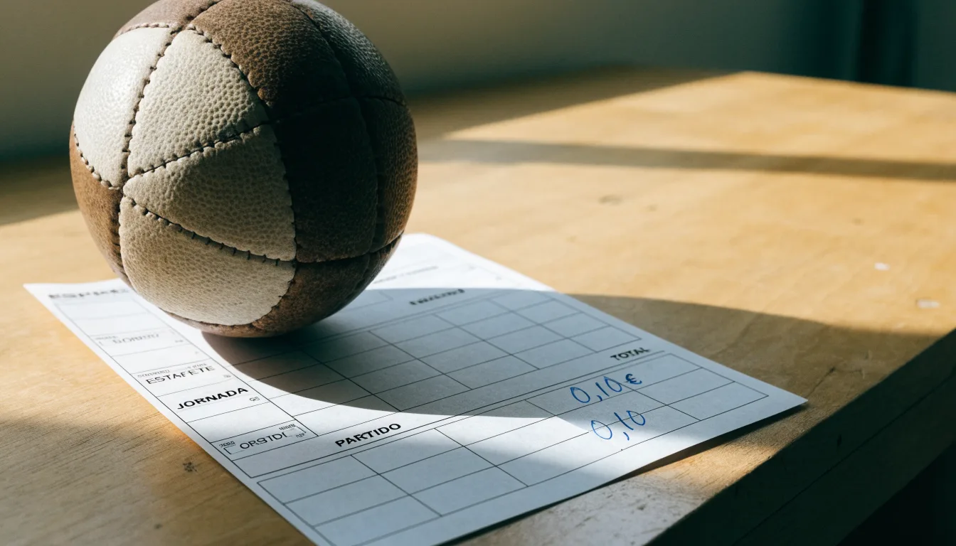 Uma bola de futebol pousada sobre um talão de apostas em branco numa mesa de madeira, à luz do dia