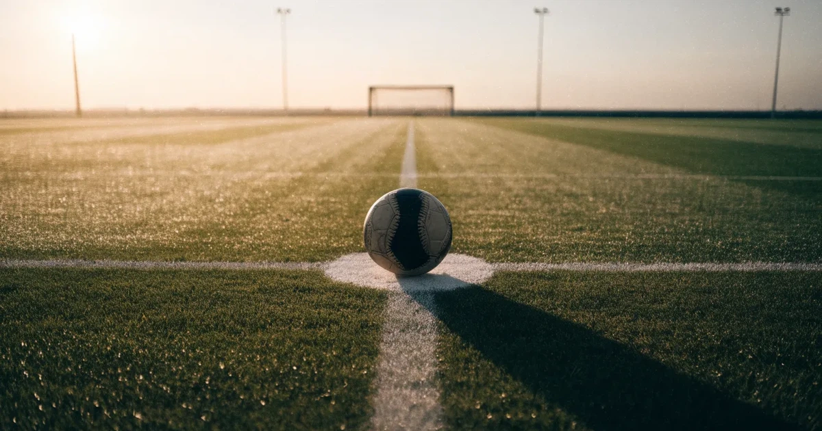 Uma bola de futebol no ponto central de um relvado, à luz da manhã